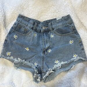 SHEIN Blue Denim Shorts with Floral Embroidery